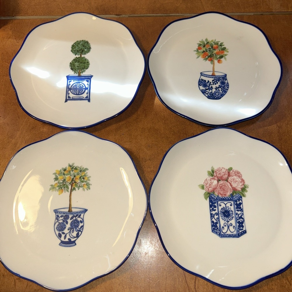 4 Southern Living Planter Plants Citrus 8 3/4" Plates Blue Rim Set
